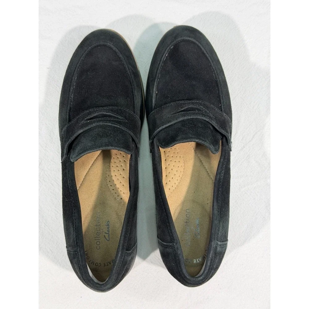 Clarks Collection Trish Rose‎ Penny Loafers Womens 7.5M Black Suede Office Work